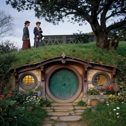 hobbiton with garden, evening, highly detailed matte painting, low angle front facing view, by stanley artgerm lau, greg rutkowski, thomas kinkade, alphonse mucha, loish, norman rockwell, artstation