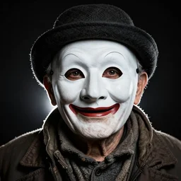 high contrast studio close - up portrait of a wrinkled old man wearing a pulcinella mask, clear eyes looking into camera, baggy clothing and hat, backlit, dark mood, nikon, photo by eric lafforgue, masterpiece