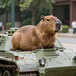 Capybara riding in a tank