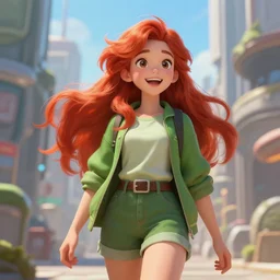beautiful cute red haired joyful and playful nineteen year old maiden standing up in casual green clothing, long hair, attractive face, modern city, comic book, rpg character, sci - fi, fantasy, intricate, elegant, digital painting, artstation, concept art, smooth, 8 k frostbite 3 engine, ultra detailed, art by artgerm, greg rutkowski, magali villeneuve