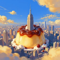 post - minimalism portrait of a giant pudding destroying new york, bbird's eye view, golden clouds, vibrant blue color scheme, highly detailed, in the style of romanticism, cinematic, artstation, moebius, greg rutkowski
