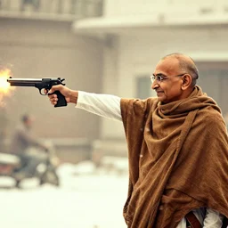 Max Payne firing pistols at mahathma gandhi, brown colour palette, snowy day, apple prodisplay picture quality