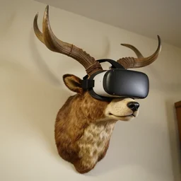 bezoan head on the wall, stuffed animal in vr helmet, hunting trophy, taxidermy, hyper - realistic, 4 k, unreal engine, highly detailed