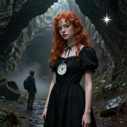a realistic detail portrait of a pretty girl dress black clock has red hair in the cave, abandoned, shining star, traveller, raining, mist by Wolp, Sparth, Paul-chadeisson, Dylan Cole, Jin Kim, black scheme, 8k, Unreal Engine