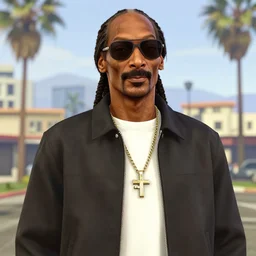 a portrait of snoop dogg in gta v. los santos in the background, palm trees. in the art style of stephen bliss
