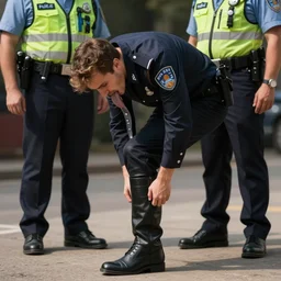 man licking the boots of a police officer