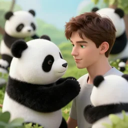 a magical land where stuffed toy pandas attack young caucasian men with brown hair and green eyes