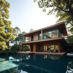 architecture photography, 2 storey modern timber house, in a rainforest, minimalism, peter zumthor style, wide veranda and overhang roof, sunlit large windows, infinity pool, wide angle lens, 4 k