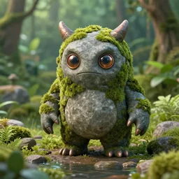 monster made of river stone and moss, copper eyes, lush river garden, ultra realistic, 4 k, hyper realistic, octane render, harry potter, cinematic, ultra detail, cute