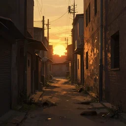 a dirty alleyway at sunset, dramatic lighting, illustration by Greg rutkowski, yoji shinkawa, 4k, golden hour, digital art, concept art, trending on artstation