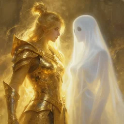 warrior and ghost duo, golden, ethereal back light, volumetric light, close up, coherent composition, fantasy painting by artgerm, wlop, daarken