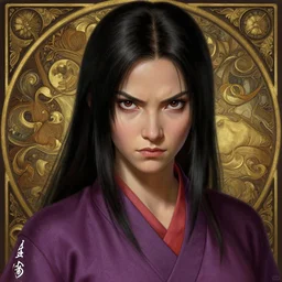 Intimidating portrait of Azula from ATLA, Mark Edward Fischbach, intricate, highly detailed, digital painting, artstation, concept art, smooth, sharp focus, illustration, Unreal Engine 5, 8K, art by artgerm and greg rutkowski and alphonse mucha