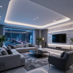photorealisitic modern cyberpunk livingroom with big ceiling