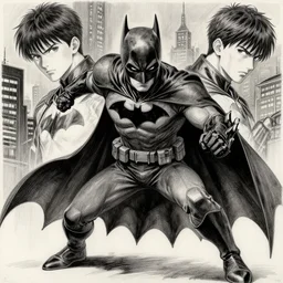 detailed full body portrait young batman by yusuke murata and masakazu katsura, artstation, highly - detailed, highly detailed face, cgsociety, devianart, pencil and ink, fighting pose, city in the background, dark colors, detailed face