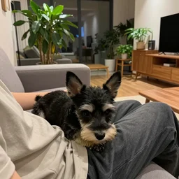 a small black dog, white face, lying down in the lap of the people on a sofa, house plants and wood furniture in the background, modern house, indoors, dim light, photograph, 4 k, shot on iphone, for a catalogue, blurry background