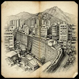 sketches of kowloon walled city drawn by leonardo davinci on stained and crumbled paper, highly detailed, intricate