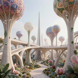 beautiful scifi futuristic biophilic city architectural colorful landscape, arches, cellular bridges, stone columns, rhizomorph finials spires, fractal puffballs, vincent callebaut, minimalist, iris van herpin, elegant lace haute couture broad embroidered cone trees, brackets, porcelain magnolia fluid nebula, soldier lichen, soft light, unreal engine