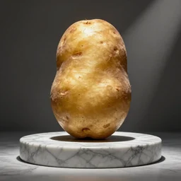 art installation of a majestic potato, presented on a marble pedestal