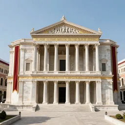 spqr roman palace temple, fully restored, newly built reconstructed, white marble and gold, red banners. 8 k hd instagram photo at behance, epic cinematic movie shot, 1 9 9 0 s. adobe lightroom, photoshop