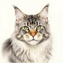 extremely highly detailed colored pencil portrait drawing of a gorgeous maine coon cat