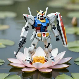 amphibious Gundam whose top half is shaped  like a waterlilys. Mecha whose robot limbs are petals on a waterlilys holding a sci-fi weapon in one arm emerging from a pond, realistic, 8k resolution