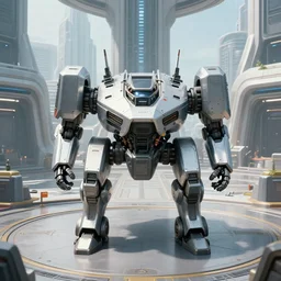 a film still from elysium by james paick - a symmetrical armoured futuristic military mech vehicle guards a public center in a city, vibrant, 5 0 mm lens, video game environment design, behance hd, daytime, dramatic lighting, cinematic, global illumination, deviant art, trending on artstation, bloom