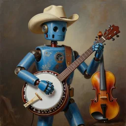 painting of a country bumpkin robot playing a banjo, bluegrass robot, surreal, guitar, banjo, violin, style of peter mohrbacher, trending on artstation, epic, high detail, hyper realistic, 8 k