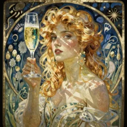 blonde with champagne. art by mucha