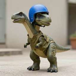 photograph of Barney the Dinosaur wearing a blue helmet and army fatigues in Kosovo