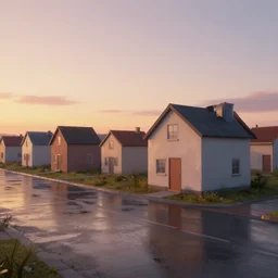 glue houses, vaponpunk, sunset, 8k, soft light, ray tracing, wet ground