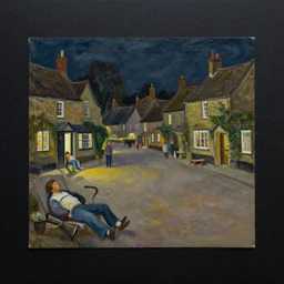 oil painting of people sleeping at night, by charles vess on black matte very textured paper, english country village square