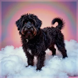 a lumpy dog, body like a cloud, black, mutt, pitt, lab, photorealistic leica s photograph, kodachrome, psychedelic, platon