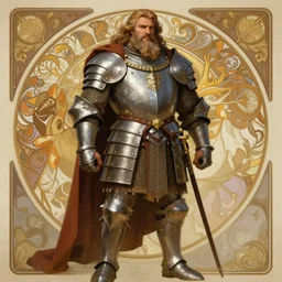 painted portrait of slavic warrior, long hair and beard, masculine, mature, charming, imposing, full body armor, burly, fantasy, intricate, elegant, extremely detailed digital painting, trending artstation, concept art, sharp focus illustration art by alphonse mucha, greg rutkowski, craig mullins