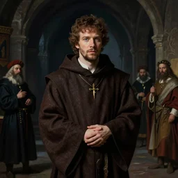 jesse eisenberg as an enigmatic medieval christian ( ( monk ) ) in a dark underground city. dark shadows, colorful, law contrasts, ( ( ( soft lighting ) ) ) fantasy portrait by jakub rozalski, jan matejko, and j. dickenson