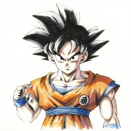 a ink sketch portrait of goku going super saiyan, yoji shinkawa