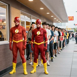 The Flash waiting in a long line at McDonalds