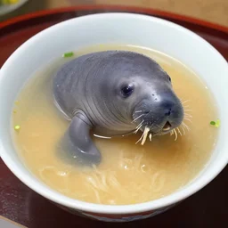 a manatee taking a bath in a ramen bowl o - n 4