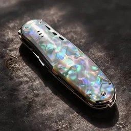 mother of pearl pocket knife with a bowie inspired blade, high detail rendered