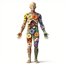 highly detailed illustration of a human anatomy body exploded by all the known species of flowers by juan gatti, by oliver vernon