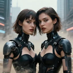 cinestill 5 0 d photographic portrait by helen levitt of two loving female cyborgs wearing sexy black wait cutout techwear in a brilliant cyberpunk city, extreme closeup, modern cyberpunk, dust storm, 8 k, hd, high resolution, 3 5 mm, f / 3 2, ultra realistic faces, intricate detail, ex machina