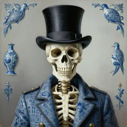 a skeleton with a top hat and a monocole, surrealist painting by igor morski, gediminas pranckevicius, beeple, ornament, porcelain, super - resolution, soft lighting, ray tracing global illumination, in a symbolic and meaningful style