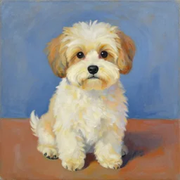 painting of cute dog, full stature, in style of henri matisse, photorealistic