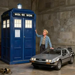 doctor who and the blue tardis meeting somewhere in time with doc brown and his deloron in the style of giovanni battista tiepolo