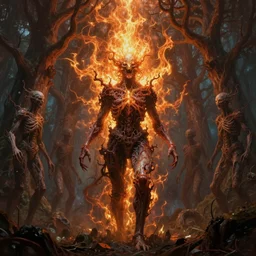 legion of bioorganic trees forest of human bodies, horror art dzo god machine it's schizophrenic apotheises apophasis fractal flame inferno