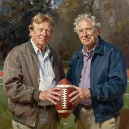 portrait of jerry van dyke and craig t nelson planning football, an oil painting by ross tran and thomas kincade