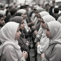2 4 mm photograph two mobs facing each other. left mob has hijab wearing women, right mob has angry geert wilders and torch - wielding people, shouting, crazy eyes, atmospheric lighting, by joel meyerowitz, by saul leiter