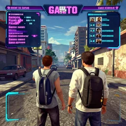 a 3 d game like gta v in guatemala city with cyberpunk aesthetic and storytelling and a game hud
