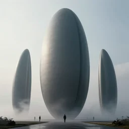 professional landscape photograph of a large beautiful neo - futuristic matte symmetrical elongated oval monolith by joseph cross, denis villeneuve, emmanuel shiu, zaha hadid, mist vapor, cinematic architectural scale, dramatic, volumetric, concept art, hard surface, hyperrealism, very high detail, trending on artstation, sharp focus, rendered in octane