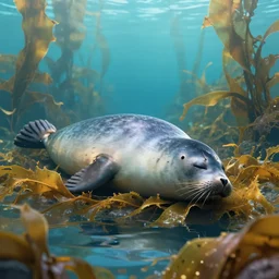 A seal sleeping peacefully in a kelp forest, Prince in pastel!!, **cinematic, hyper realistic, detailed, 8k, octane render**.