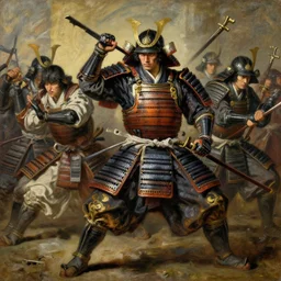 baroque oil painting of key visual samurai battle, japanese armor, brutalist fantasy, rule of thirds golden ratio, fake detail, trending pixiv fanbox, acrylic palette knife, style of makoto shinkai ghibli takashi takeuchi yoshiyuki sadamoto jamie wyeth james gilleard greg rutkowski chiho aoshima